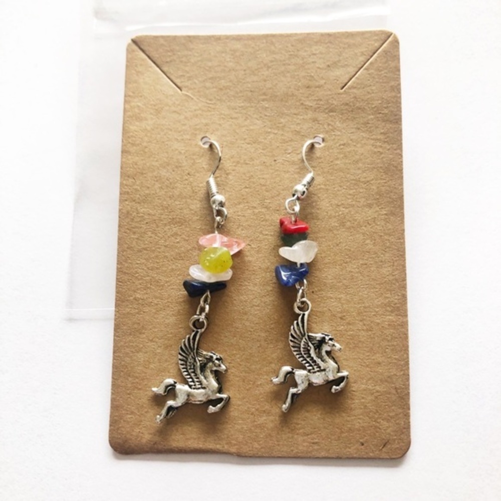 New Handmade Silver Pegasus Horse Charm Genuine Magic Stone Earrings